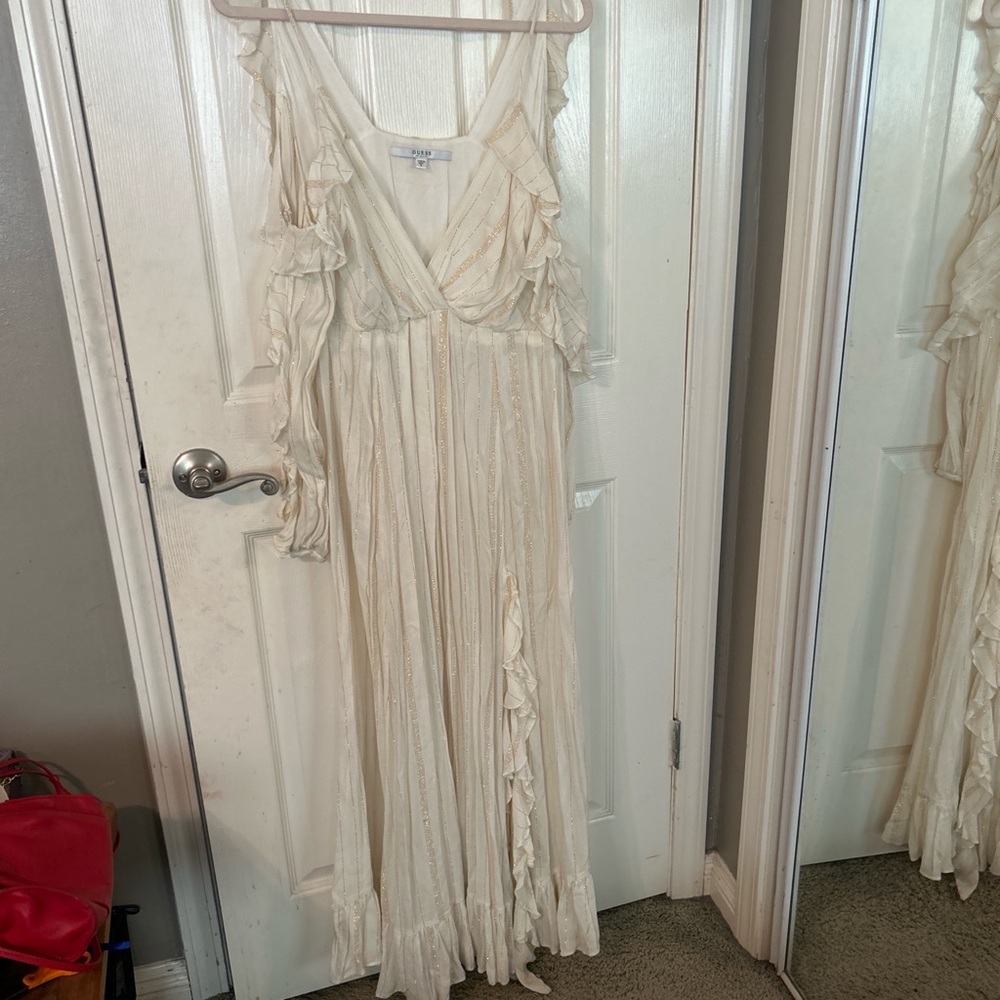 Guess Long Sleeve White and Gold Maxi Dress